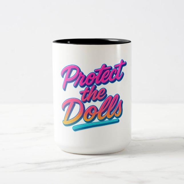 Caneca De Café Em Dois Tons Protect the Dolls Neon Retro Art (Centro)
