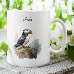Caneca De Café Em Dois Tons Puffin em Rock Watercolor, personalizado