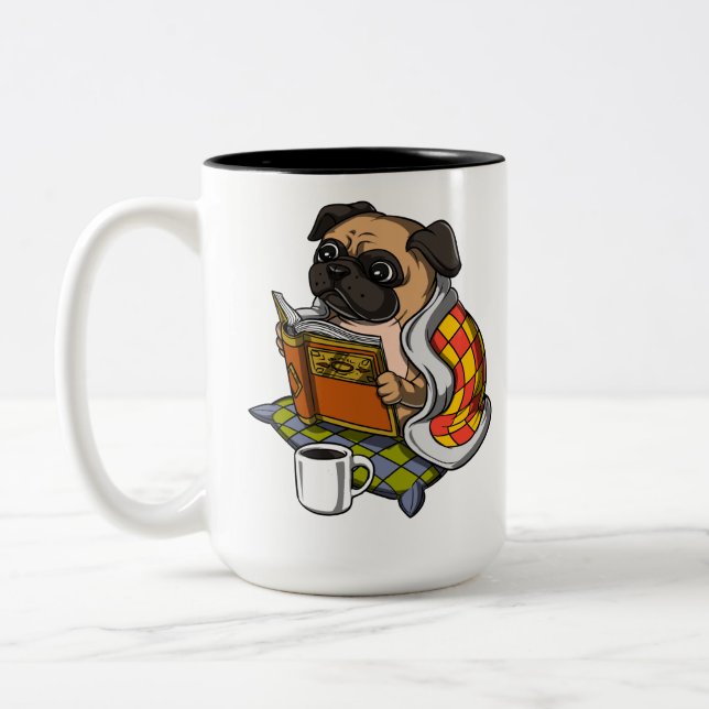 Caneca De Café Em Dois Tons Pug Book Lendo Pet Cachorro do Pão (Esquerda)