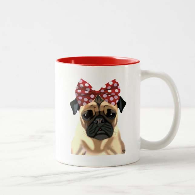 Caneca De Café Em Dois Tons Pug com Arco vermelho na cabeça 2 (Direita)