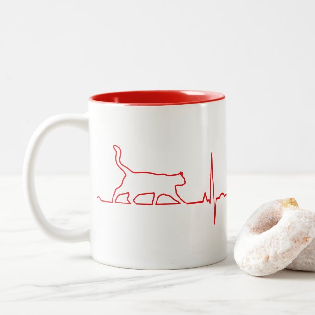 Caneca De Café Em Dois Tons Pulsação de Gato Vermelho (Com Donut)