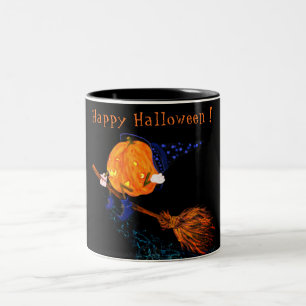 Caneca De Café Em Dois Tons Pumpkin de bruxa-das-bruxas do Halloween voando co