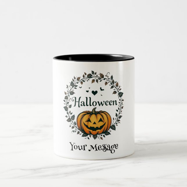 Caneca De Café Em Dois Tons Pumpkin De Halloween Personalizado Wreath Dois Ton (Centro)