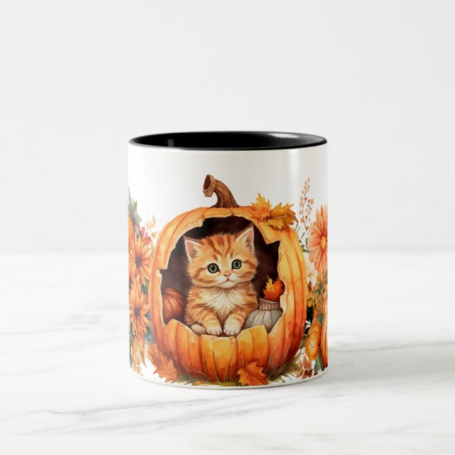 Caneca De Café Em Dois Tons Pumpkin de outono e Kitten (Centro)