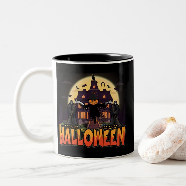 Caneca De Café Em Dois Tons Pumpkin Scary House, Halloween (Com Donut)