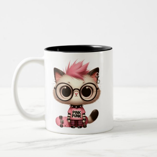 Caneca De Café Em Dois Tons Punk Rock Cat com skate | Gatinho Rebelde Custa (Esquerda)