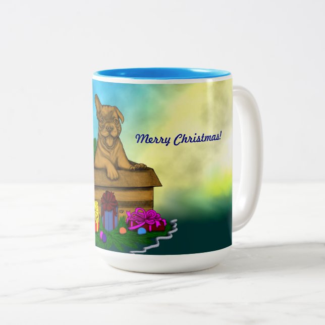 Caneca De Café Em Dois Tons Puppy em uma caixa, Merry Xmas (Frente Esquerda)