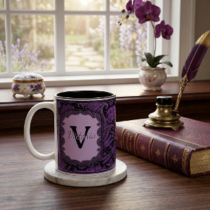 Caneca De Café Em Dois Tons Púrpura e preto floral paisley personalizado