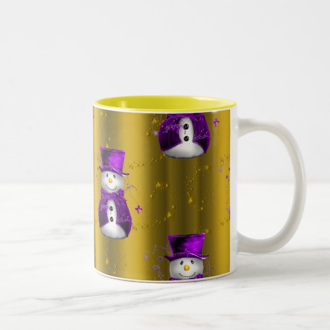 Caneca De Café Em Dois Tons Púrpura Snowman no Dourado Natal (Direita)