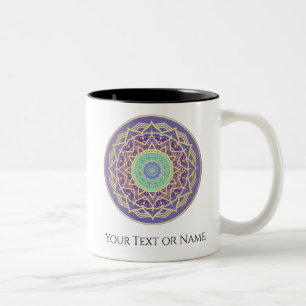 Caneca De Café Em Dois Tons Púrpura Turquesa Dourada Mandala Metafísica