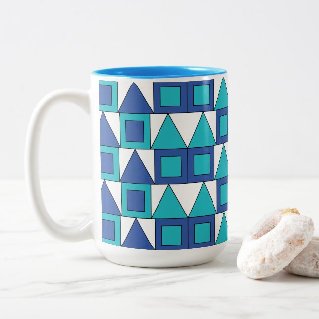 Caneca De Café Em Dois Tons Quadrado Azul Turquesa Triângulo Geométrico  (Com Donut)