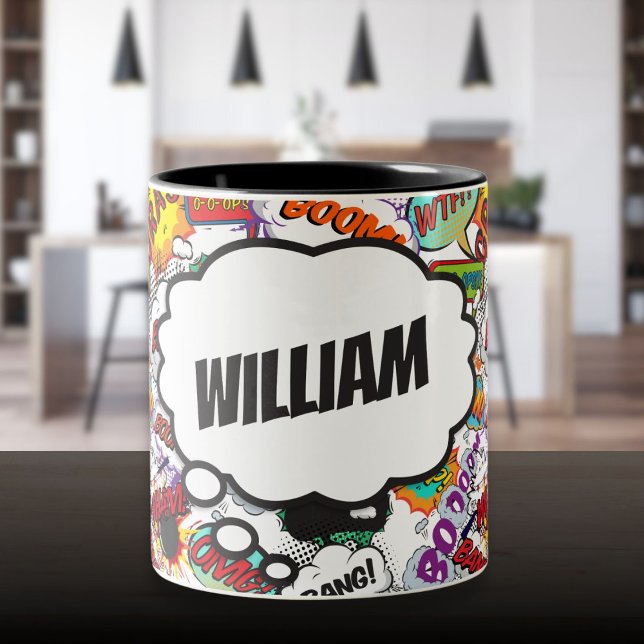 Caneca De Café Em Dois Tons Quadrinho Divertido com Nome Personalizado (Fun Personalized Name Comic Book Two-Tone Coffee Mug)