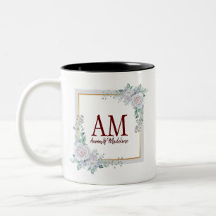 Caneca De Café Em Dois Tons Quadro de Rosa de Monograma Floral Personalizado