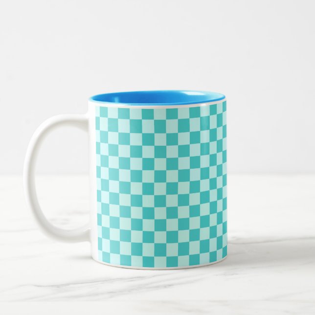 Caneca De Café Em Dois Tons Quadro de Verificação Clássico de Combinação Azul  (Esquerda)