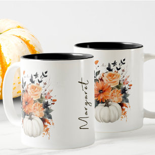 Caneca De Café Em Dois Tons Queda de abóbora laranja-branca moderna e caindo