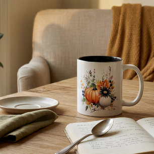 Caneca De Café Em Dois Tons Queda de abóbora laranja-branca moderna e caindo