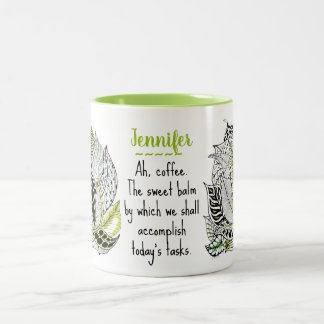Caneca De Café Em Dois Tons Rabiscos de Folhas Verdes Abstratas Personalizados