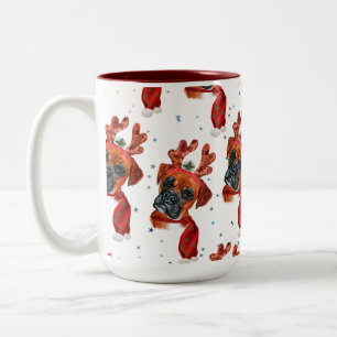 Caneca De Café Em Dois Tons Raça Boxer Aquarela Cachorro Padrão Estrelas Natal