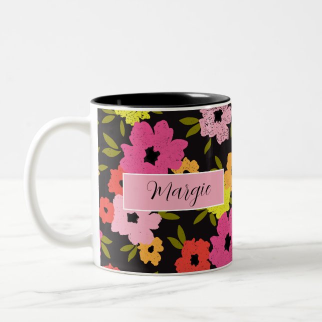 Caneca De Café Em Dois Tons Rachel Floral Design, nome personalizado em preto (Esquerda)