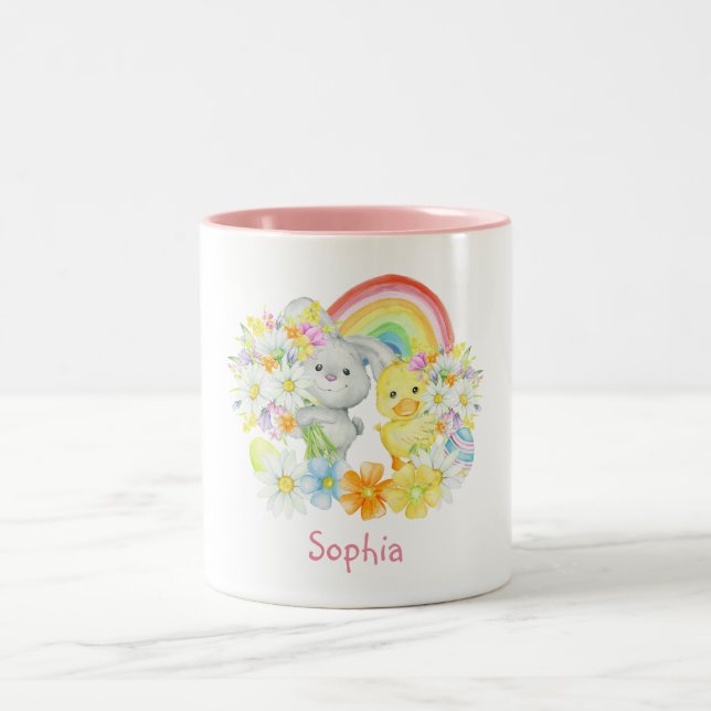 Caneca De Café Em Dois Tons Rainbow Easter Bunny e Pintinho (Centro)