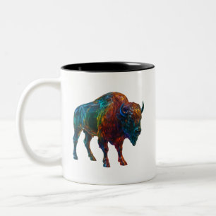 Caneca De Café Em Dois Tons "Rainbow Glass Bison - Arte Animal Colorida Vibran