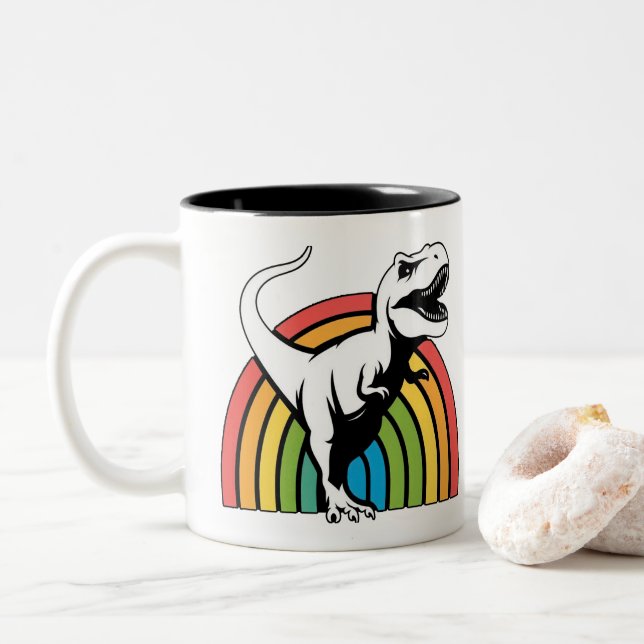 Caneca De Café Em Dois Tons Rainbow T Rex (Com Donut)