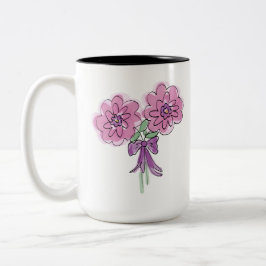 Caneca De Café Em Dois Tons Ramalhete de duas flores cor-de-rosa com laço em c