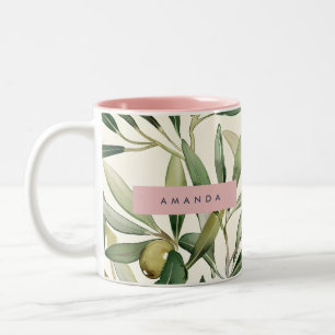 Caneca De Café Em Dois Tons Ramo de Oliveira em Aquarela Elegante Personalizad