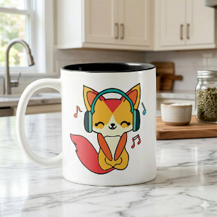 Caneca De Café Em Dois Tons Raposa feliz com fones de ouvido ouvindo música.