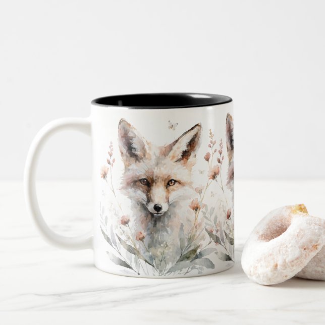 Caneca De Café Em Dois Tons Raposa Floral em Aquarela (Com Donut)