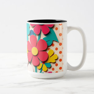 Caneca De Café Em Dois Tons Recortes Gráficos Florais dos anos 60