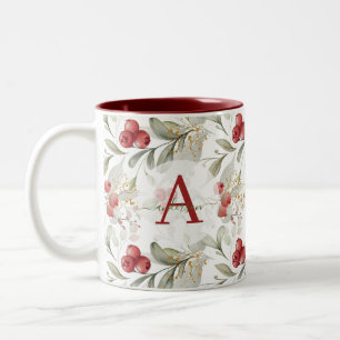 Caneca De Café Em Dois Tons Red Berry Cranberry Branches Monogramas