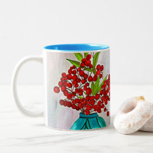 Caneca De Café Em Dois Tons Red Christmas Berries - cor d'água, arte