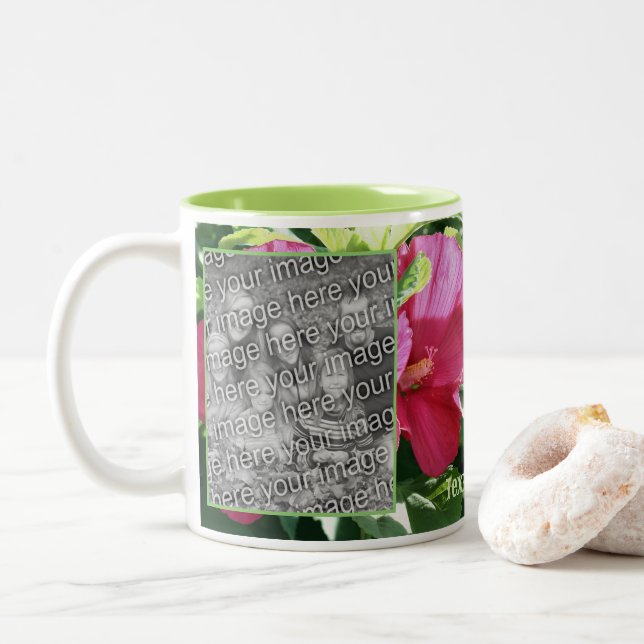 Caneca De Café Em Dois Tons Red Hibiscus Flower Frame Adicionar Sua Foto (Com Donut)