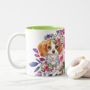 Caneca De Café Em Dois Tons Rei Charles Spaniel com Flores Clássica Mug