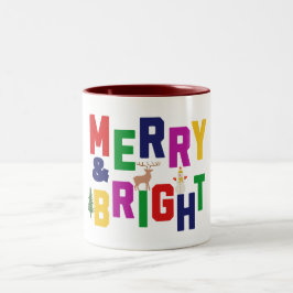 Caneca De Café Em Dois Tons Reindeer feliz e pinheiro brilhante Snowman