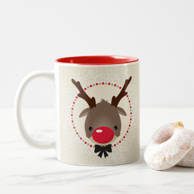 Caneca De Café Em Dois Tons REINDEER NATAL Ridículo vermelho rudoloso (Com Donut)