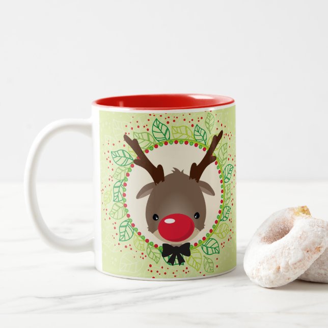 Caneca De Café Em Dois Tons REINO NATAL NATAL Ridículo vermelho rudoloso (Com Donut)