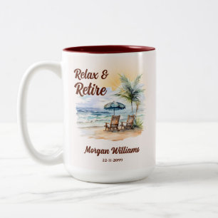 Caneca De Café Em Dois Tons Relaxe e Cadeira de Praia Tropical de Aposentadori