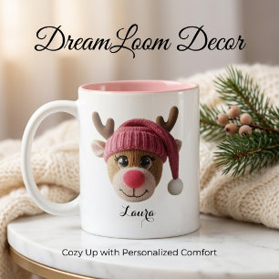 Caneca De Café Em Dois Tons Rena de Natal Rosa Personalizada