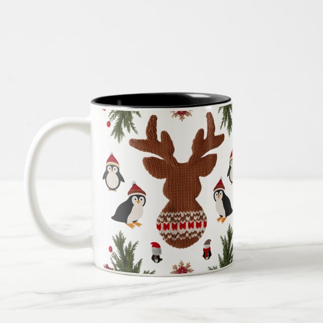 Caneca De Café Em Dois Tons Rena e Pinguins Nórdicos Tecidos Fofos (Esquerda)