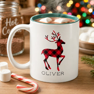 Caneca De Café Em Dois Tons Rena Vermelha de Xadrez de Búfalo Personalizada de