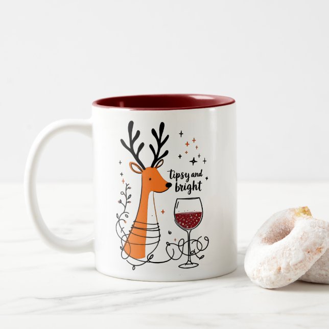 Caneca De Café Em Dois Tons Renas Cerzilas e Iluminadas  (Com Donut)