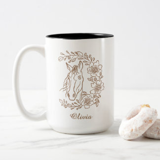 Caneca De Café Em Dois Tons Retrato de Cavalo Boho em Linha Arte com Coroa Flo