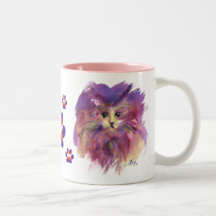 CANECA DE CAFÉ EM DOIS TONS RETRATO DE GATO PURPURA COM PATAS COLORIDAS