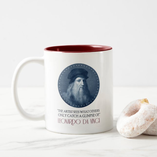 Caneca De Café Em Dois Tons Retrato de Leonardo da Vinci com citação (Com Donut)