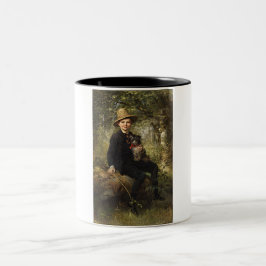 Caneca De Café Em Dois Tons Retrato de um Menino com Cachorro em Floresta (Kna