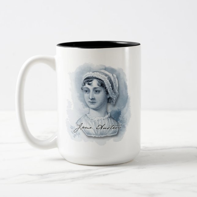 Caneca De Café Em Dois Tons Retrato e assinatura de Jane Austen (Esquerda)