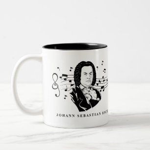 Caneca De Café Em Dois Tons Retrato e busto de Johann Sebastian Bach com notas