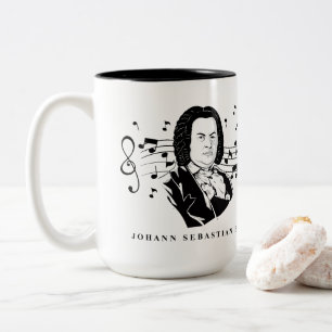 Caneca De Café Em Dois Tons Retrato e busto de Johann Sebastian Bach com notas